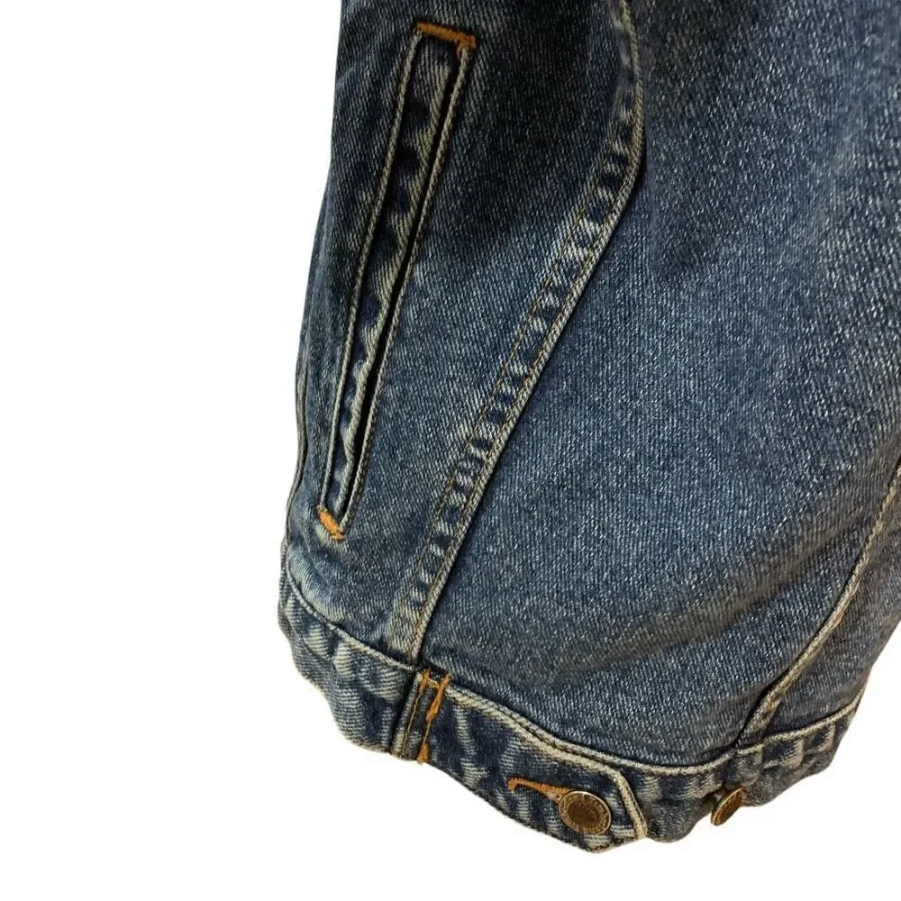 Timberland VTG 90s Jean Jacket Leather Trim Mid Wash Blue Western Trucker Men XS